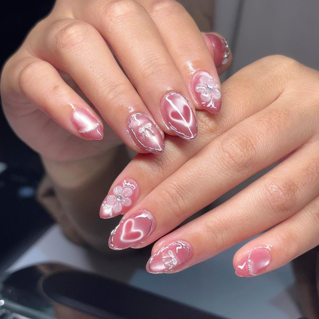 Decorative Press-On Nail Art Set with Unique Heart and Floral Designs Kalsten