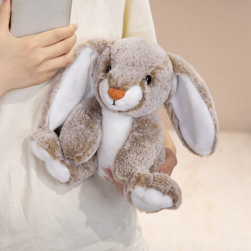 Plush Floral-Lined Ear Bunny Stuffed Toy with Embroidered Face and Curly Faux Fur Kalsten