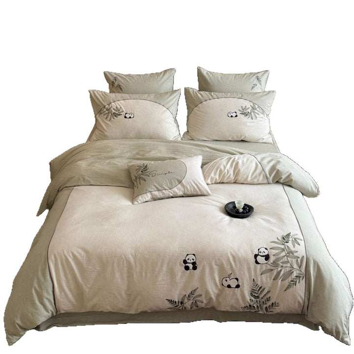 Bedding set with embroidered panda and leaf design made of cotton-linen mix