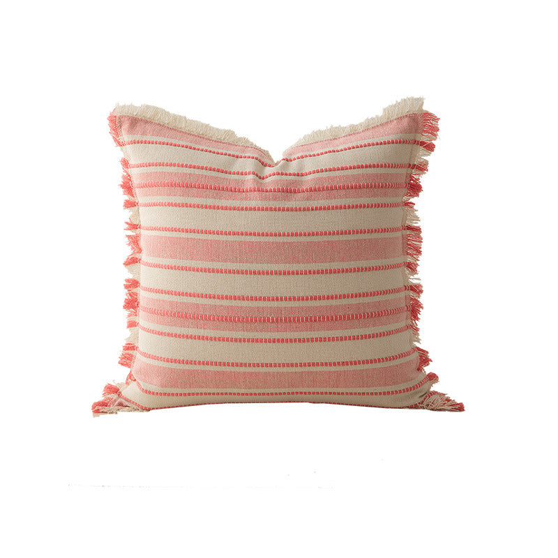 Square striped linen decorative cushion with fringed edge and textured weave