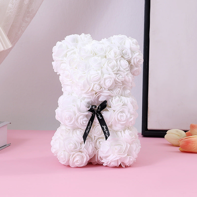 Foam Rose Teddy Bear Gift Sculpture With Satin Ribbon Bow