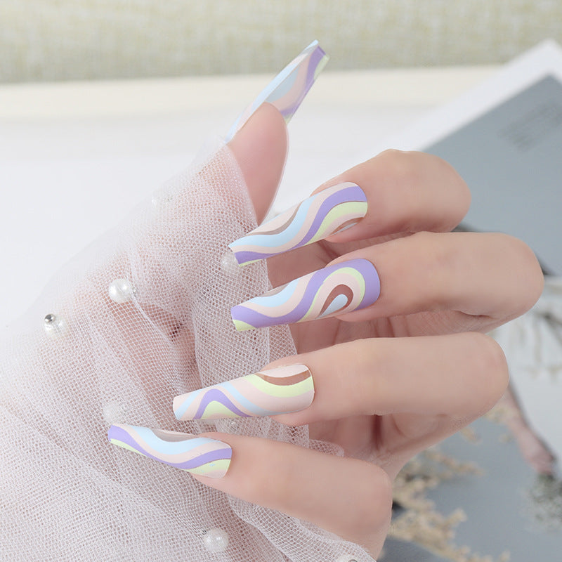 Artistic Long Press-On Nail Set with Colorful Wave Design Kalsten