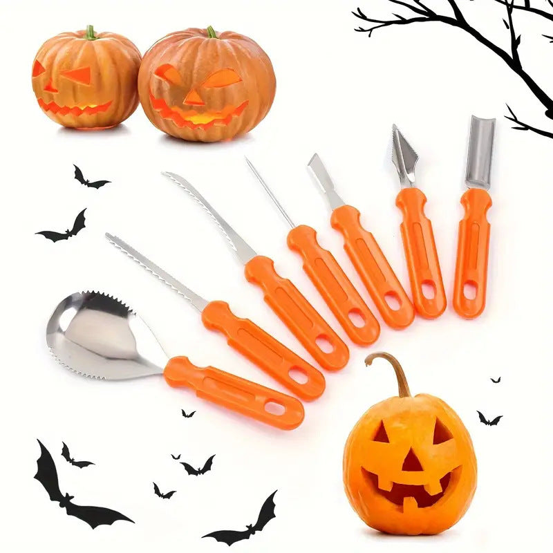 Multi-part pumpkin carving tool set made of stainless steel with storage bag