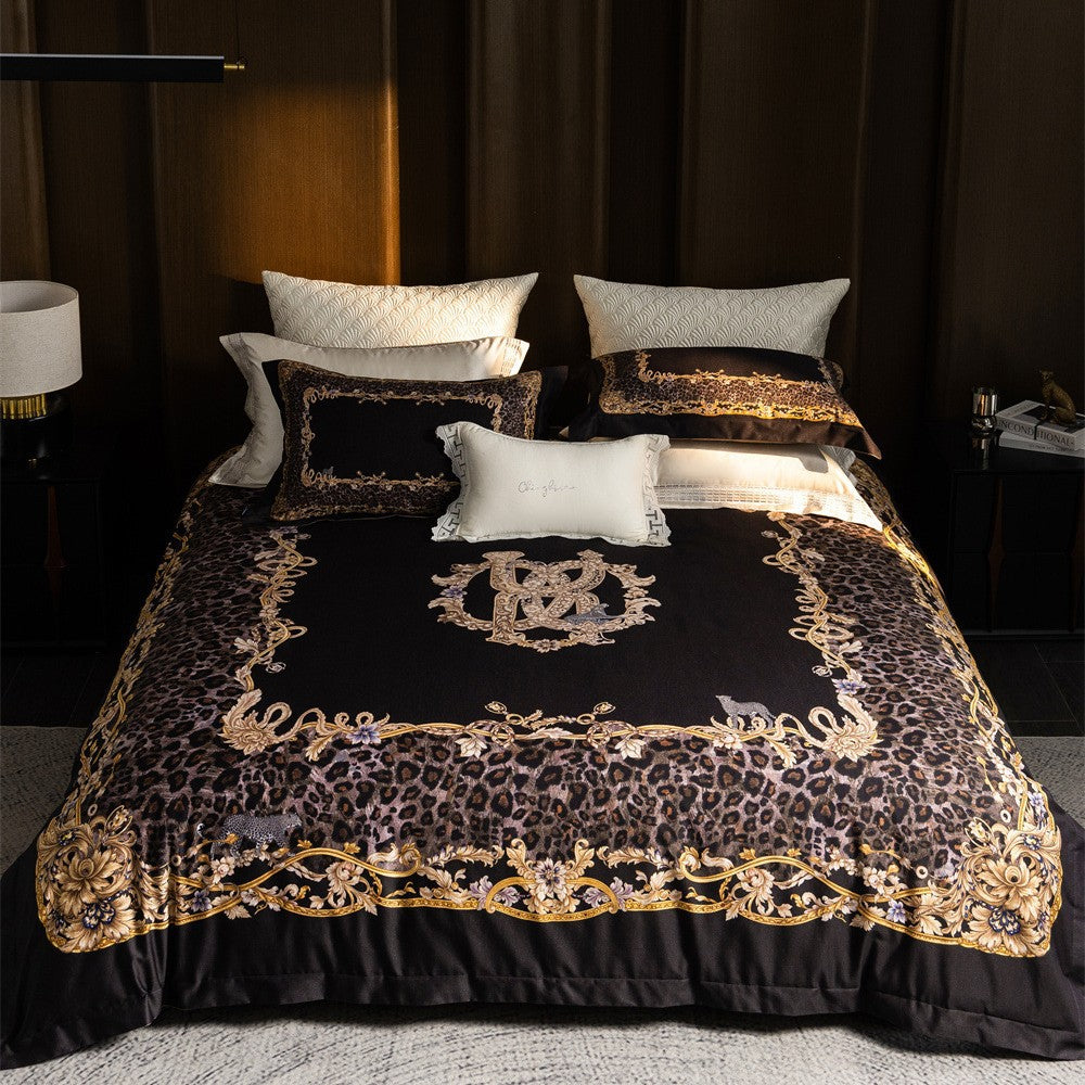 Luxurious satin bedding set with baroque leopard pattern