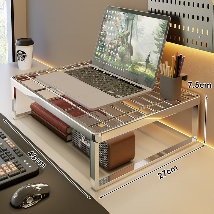Ventilated Metal Desk Riser Shelf with Open Grid Surface and Under-Storage