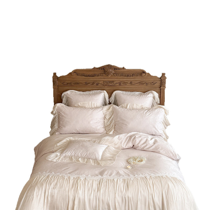 Luxurious satin jacquard bedding set with pleated bed skirt and fine lace trim
