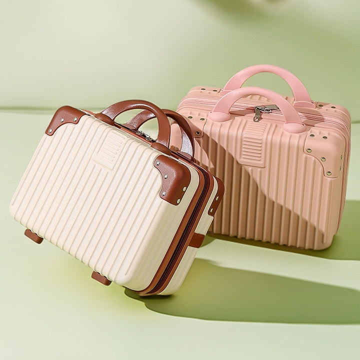 structured hard-shell vanity travel case with faux-leather corner reinforcements and dual top handles Kalsten