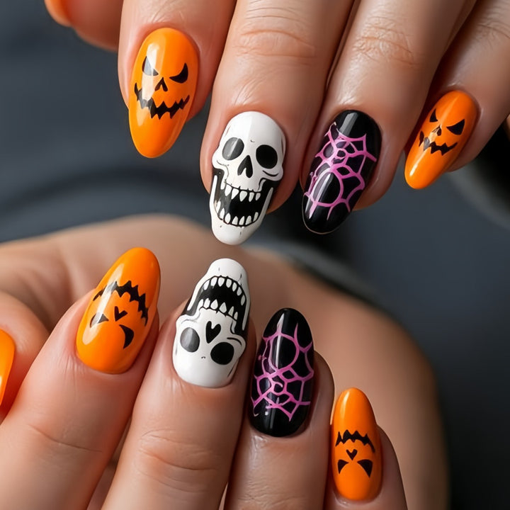 Halloween Artificial Nails in Creative Pumpkin and Skull Design Kalsten