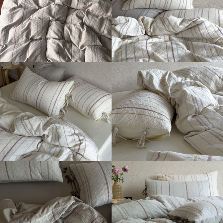 Linen-cotton bedding set with natural waffle texture and reversible function