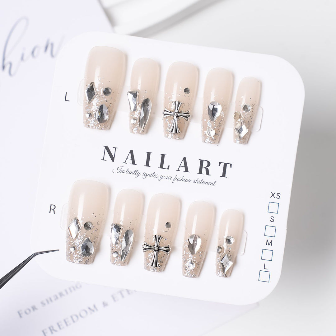 Artistic Long Stiletto Press-On Nails with Floral and Gemstone Accents Kalsten