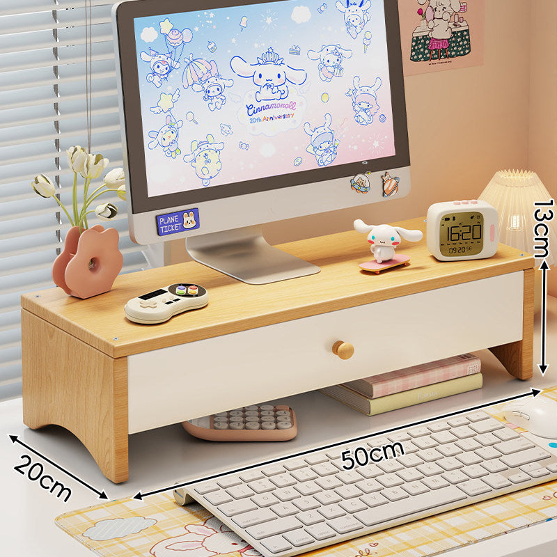 Dual-Height Wooden Monitor Riser and Desktop Organizer with Two Drawers
