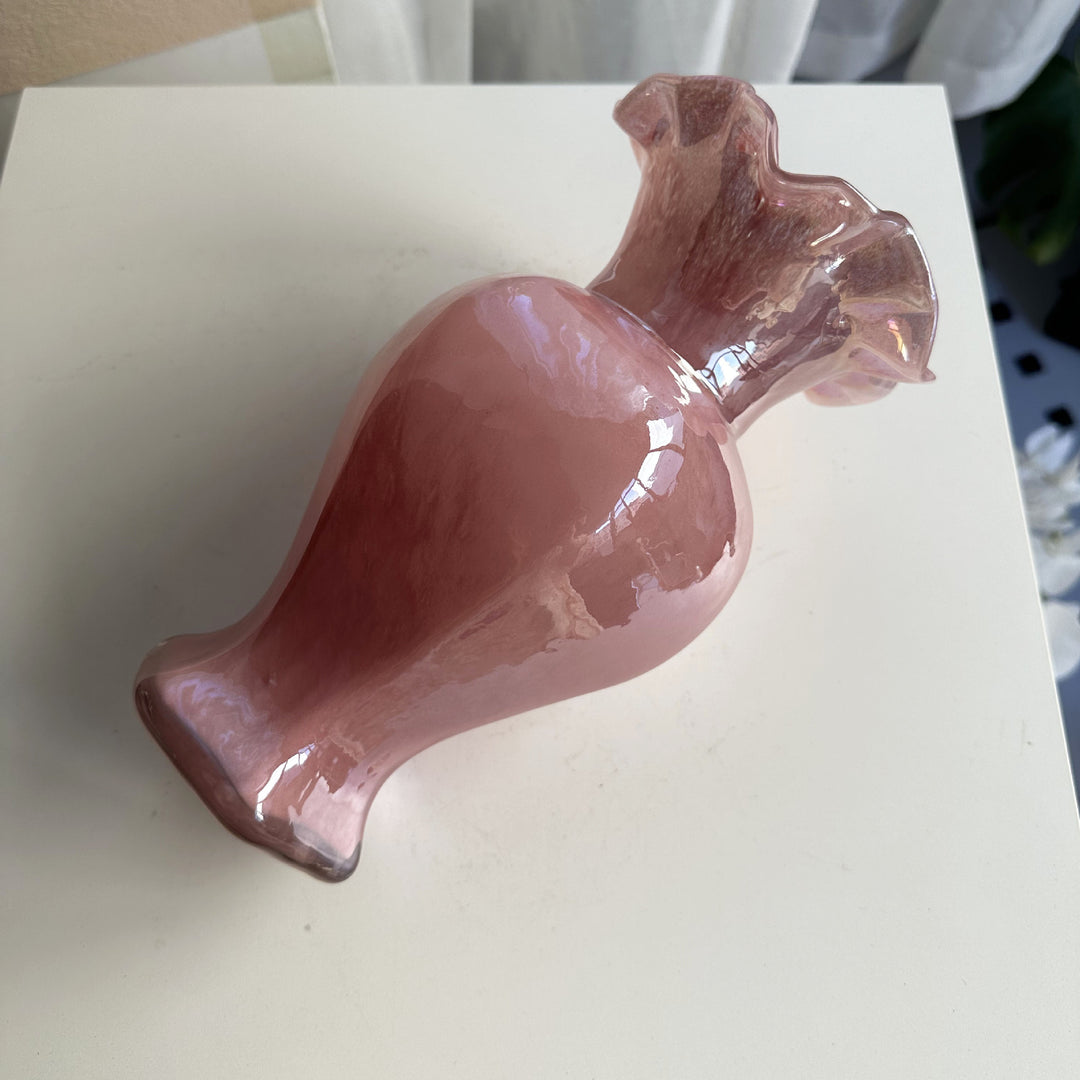 Hand-Blown Ruffled-Rim Art Glass Vase with Ombre Pink Ivory Finish Kalsten