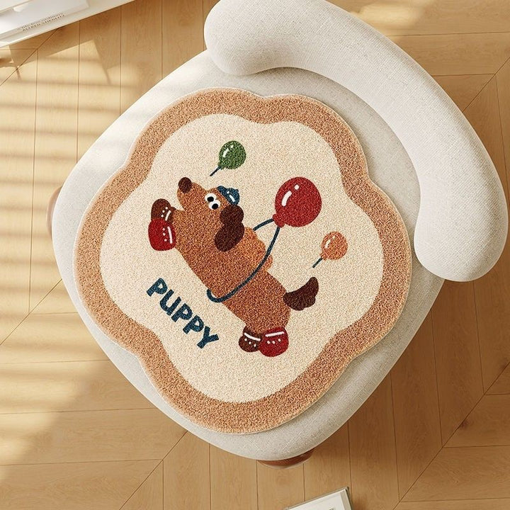 Scalloped-Edge Low-Pile Absorbent Accent Area Rug with Puppy Balloon Motif