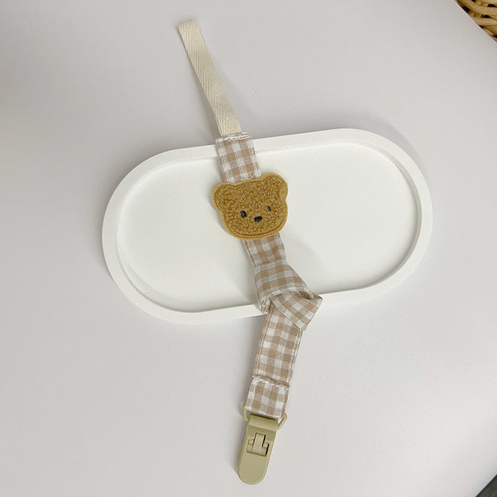 Gingham Cotton Pacifier and Teether Clip with Embroidered Bear Applique