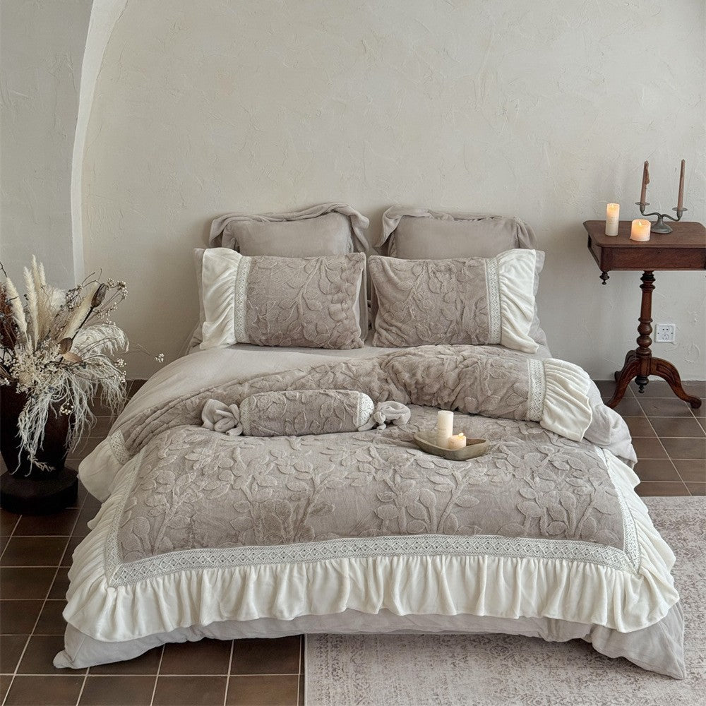 Romantic quilted bedding set with ruffle, floral relief, and neck roll