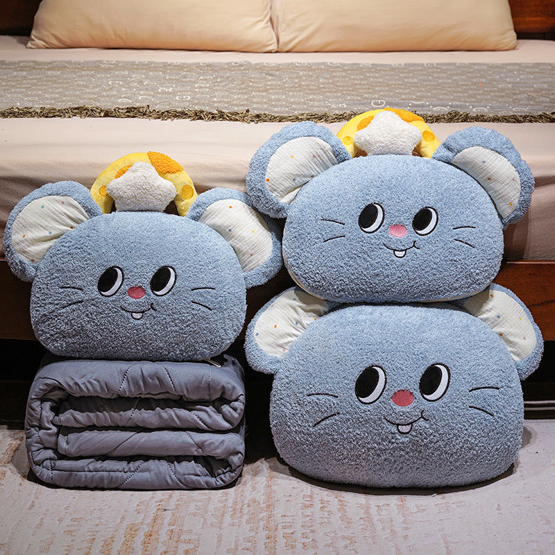 Kids' cuddle cushion with quilted travel blanket and cute mouse plush motif