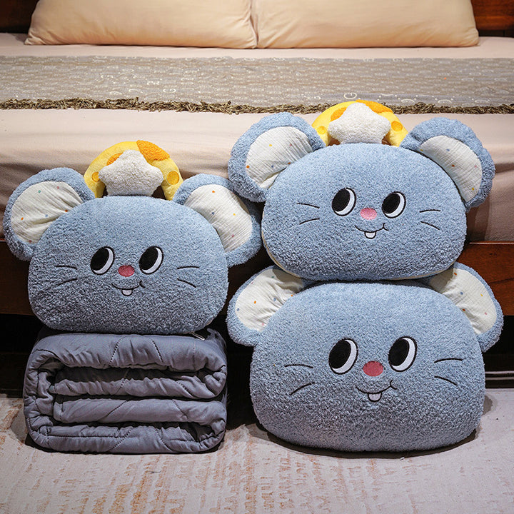 Kids' cuddle cushion with quilted travel blanket and cute mouse plush motif