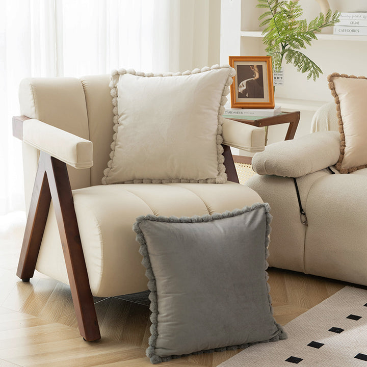 Plush Velvet Square Decorative Throw Pillow with Pom-Pom Border and Removable Cover