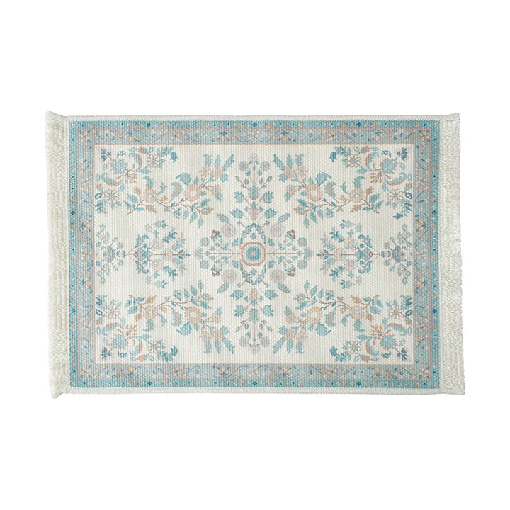 Woven small runner rug in vintage ornamental style with fringes
