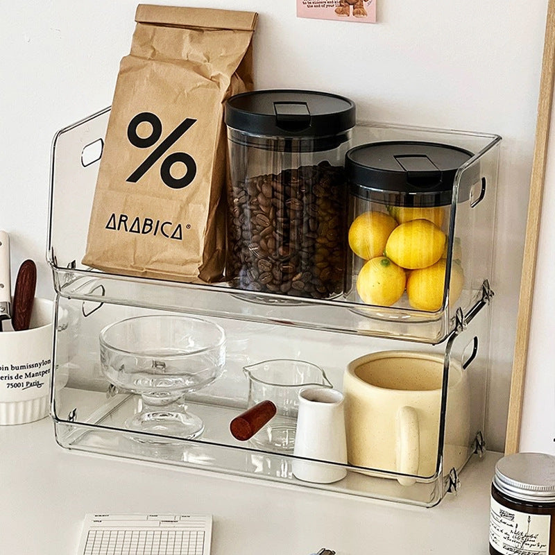 Acrylic kitchen organizer, stackable transparent storage shelf with handles