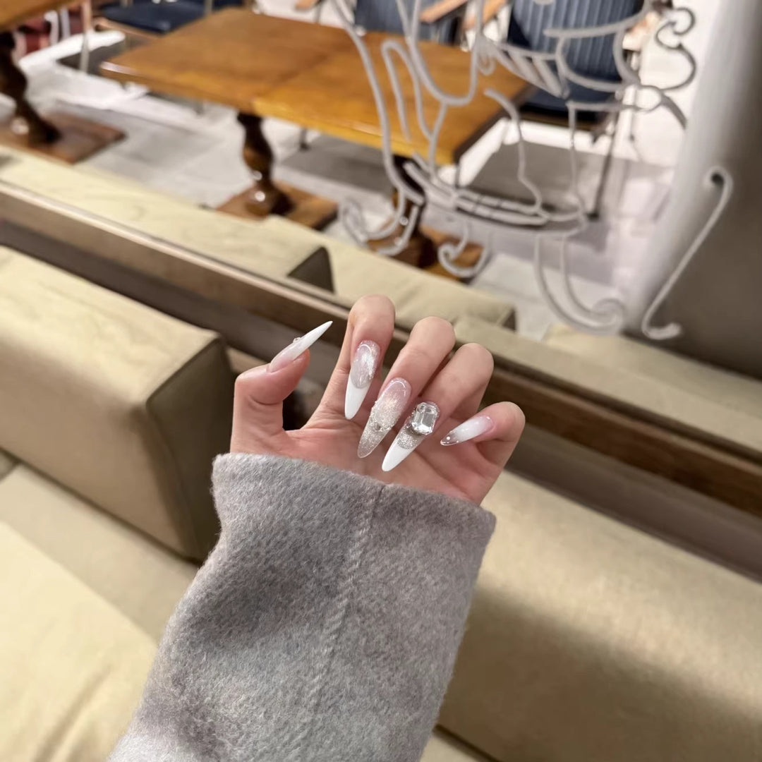 Premium French Tip Nail Extensions with Crystal Accents