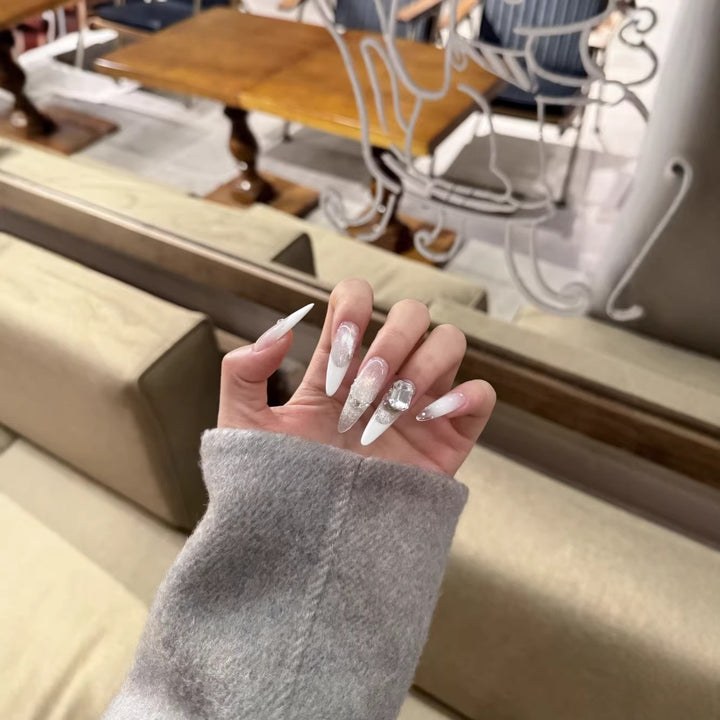 Premium French Tip Nail Extensions with Crystal Accents