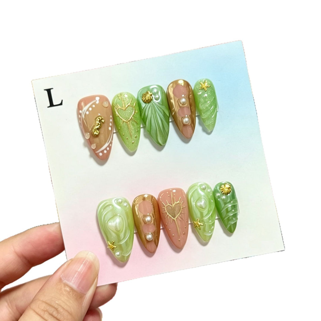 Artistic Press-On Nail Art Set with Ocean-Inspired Motifs