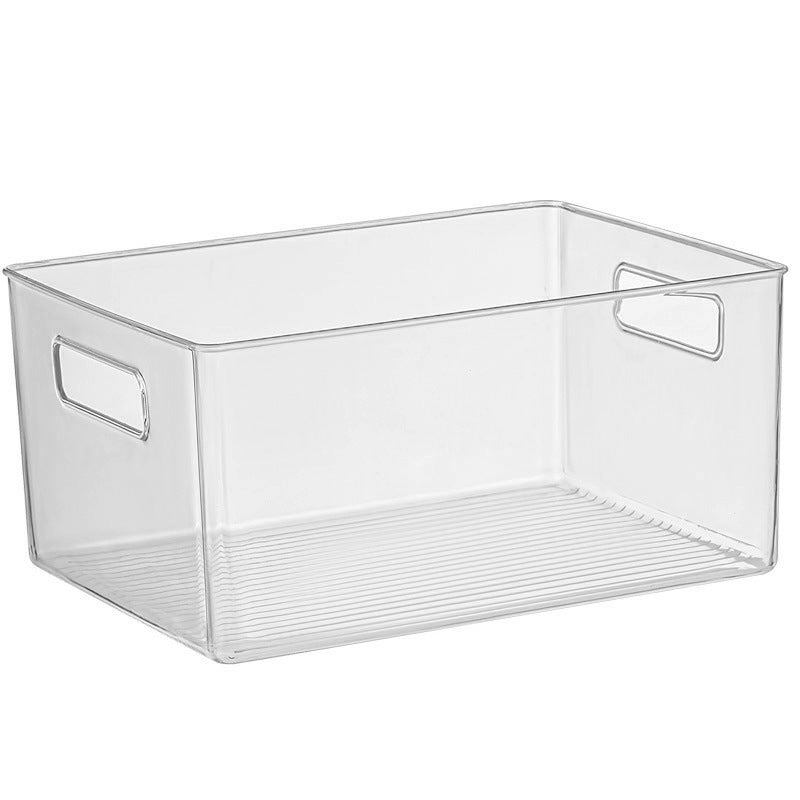 Versatile storage box made of clear plastic with side grip openings and ribbed bottom