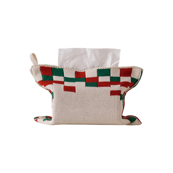 Knitted tissue box cover with geometric wave pattern