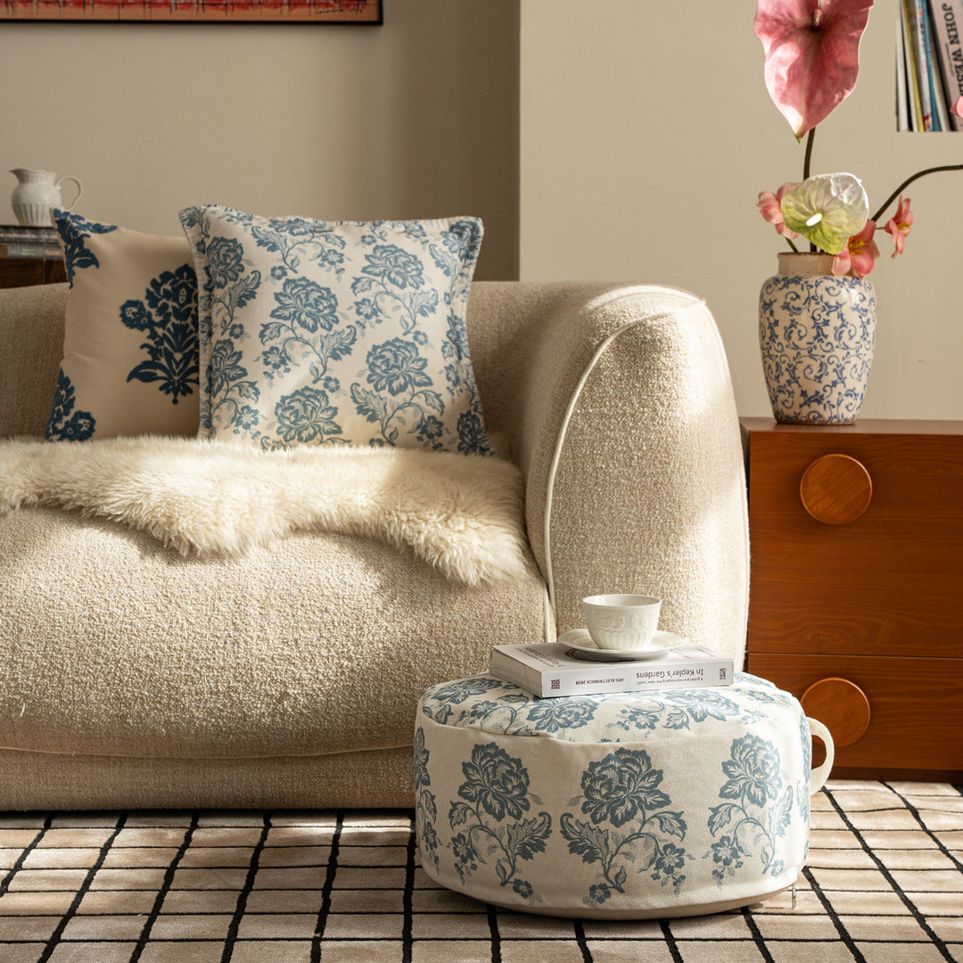 Seating pouf - meditation cushion with floral jacquard cover and carrying handle