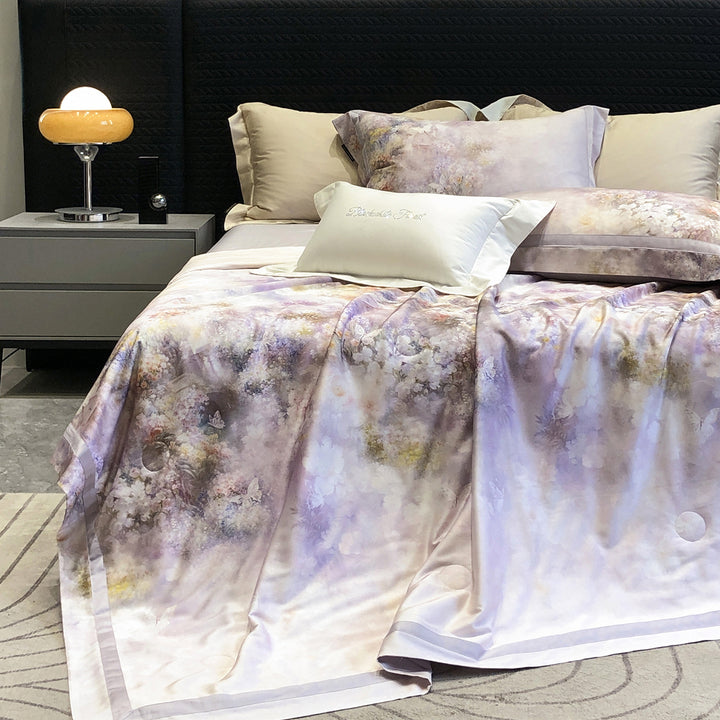 Luxurious satin bedding set with watercolor flower pattern