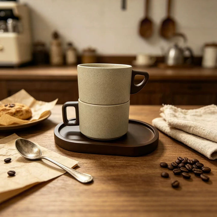 Ceramic mug with ergonomic wooden handle and matching coaster