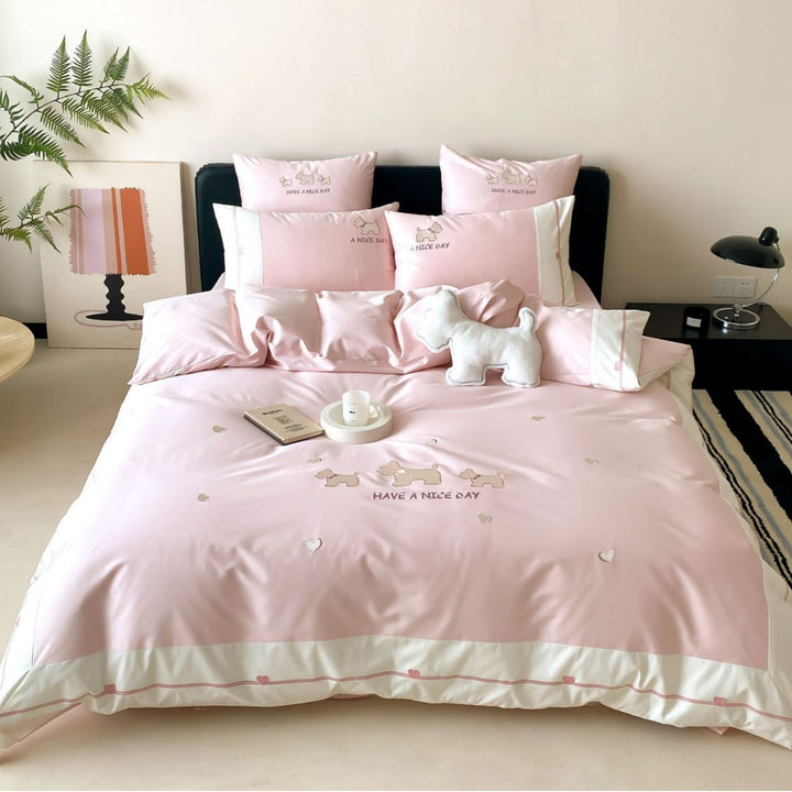 Cotton satin bedding set with embroidered dog motifs and reversible function