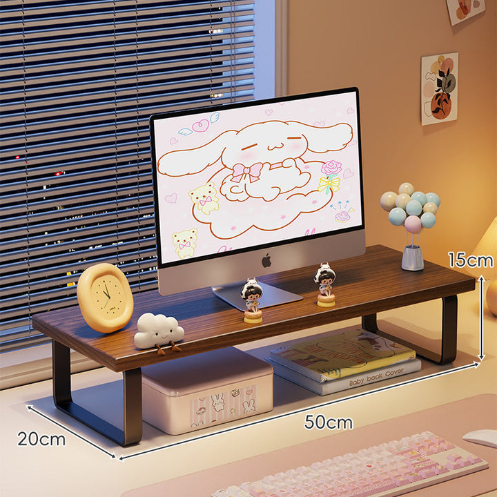 Elevated Monitor Riser Stand with Wood-Effect Top Metal Frame and Under-Shelf Storage