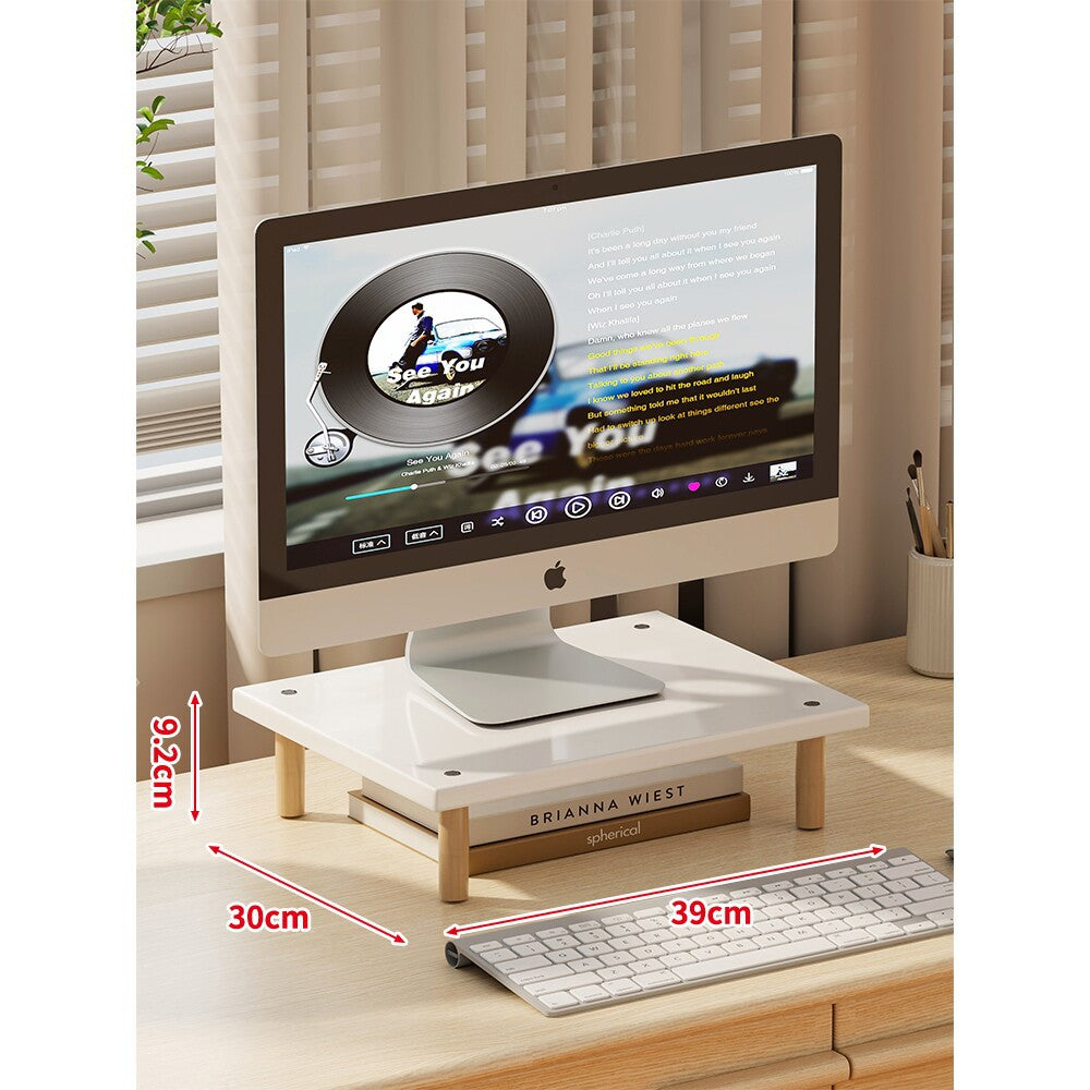 Compact Elevated Monitor Riser Stand with Wooden Legs and Under-Storage