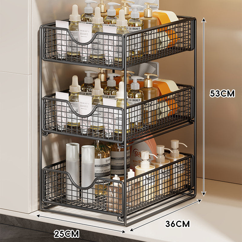 Three-Tier Sliding Mesh Drawer Cabinet Organizer for Kitchen and Bathroom