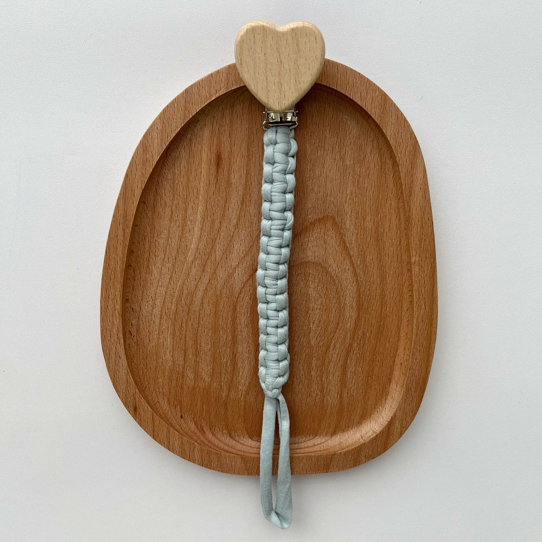 Braided Fabric Pacifier Clip with Wooden Heart Safety Clamp