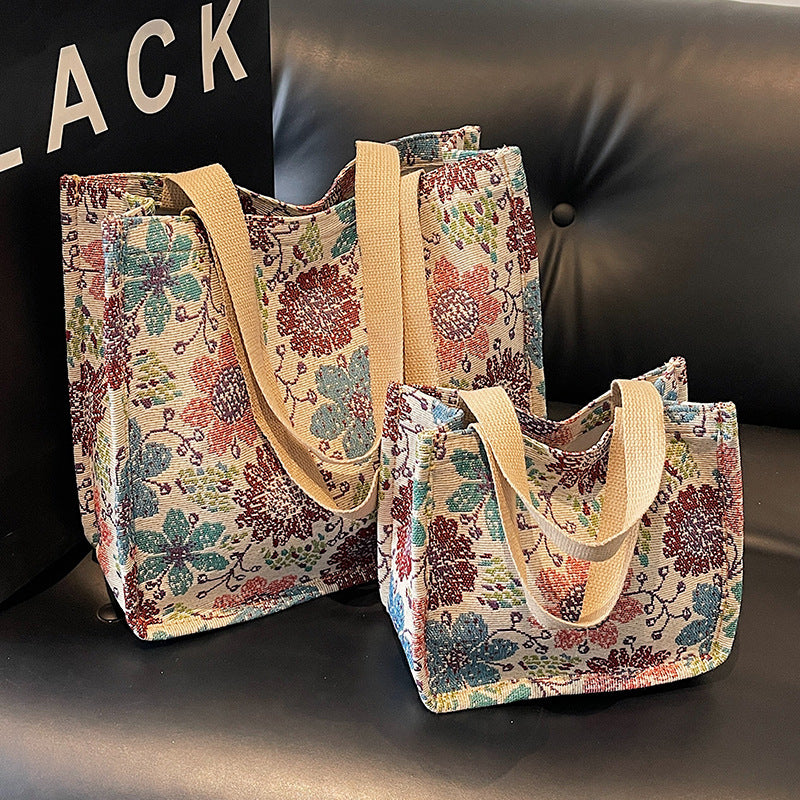 Floral Embroidered Tapestry Tote Bag