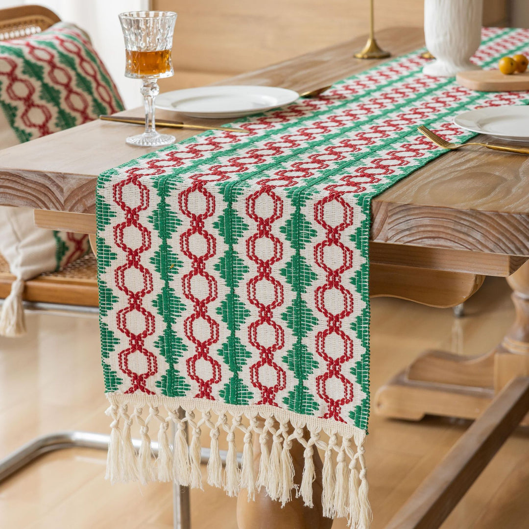 Handwoven Cotton Table Runner with Red Geometric Heart Stripe and Knotted Tassel Fringe