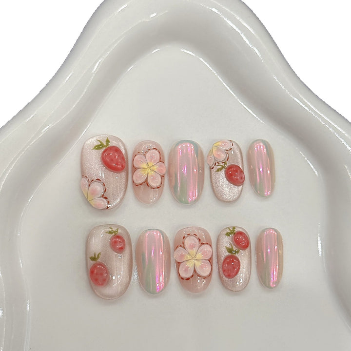 Artistic Press-On Nail Set with Floral and Berry Design