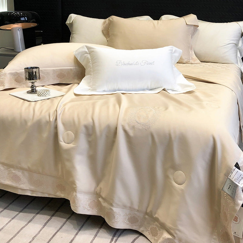 High-gloss satin bed linen set with floral cutwork embroidery border