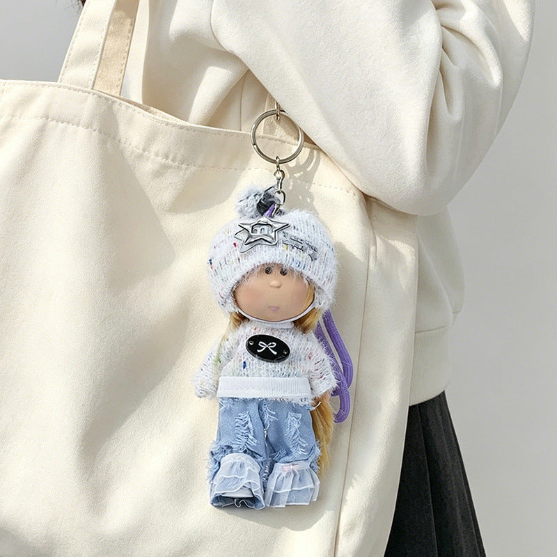 Hooded Doll Bag Charm Keychain with Denim Outfit & Loop Strap Kalsten