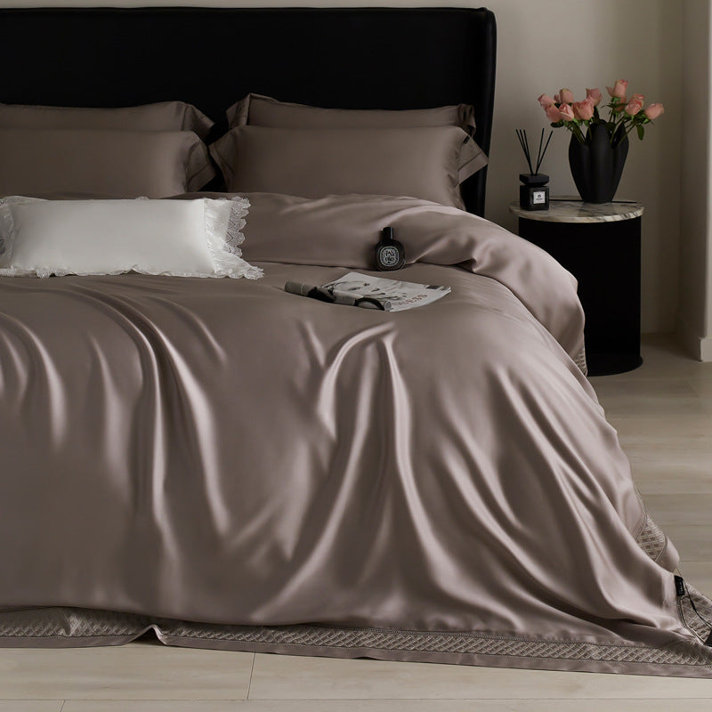 Silky flowing satin bed set with decorative cassette border and extra soft touch