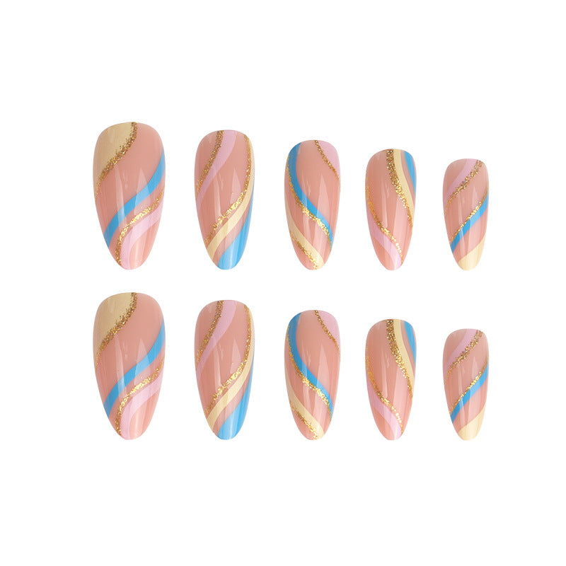 Artistic Stiletto Press-On Nails with Colorful Line Design Kalsten