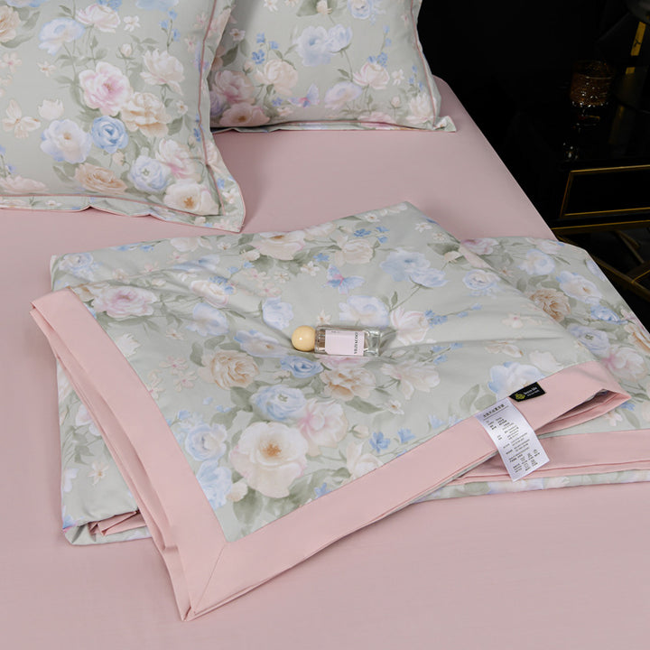 Floral Cotton Sateen Duvet Cover Set With Piped Border And Matching Pillow Shams