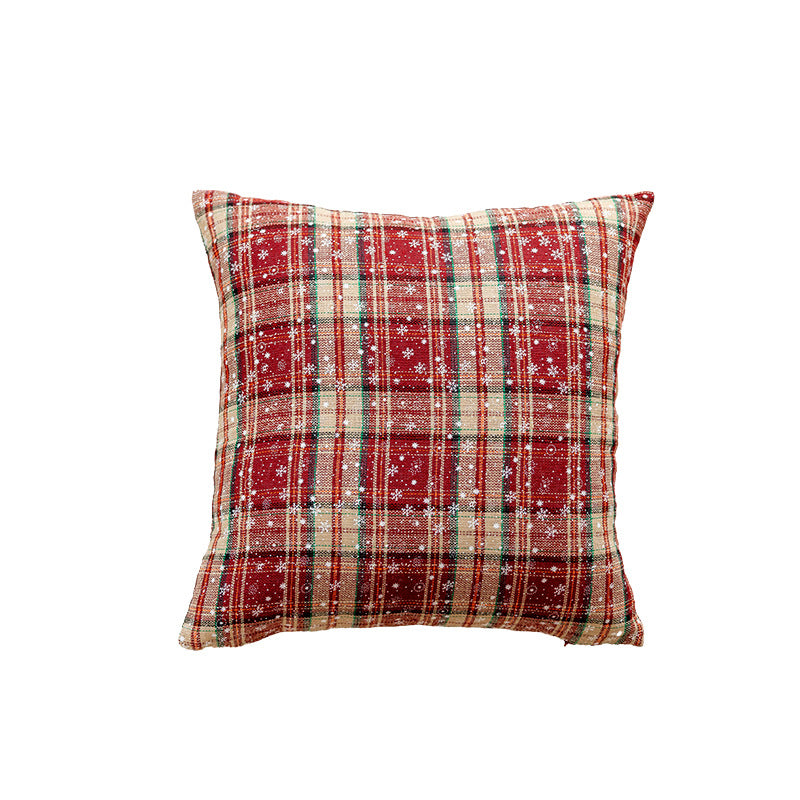 Decorative Holiday Plaid Throw Pillow Cover with Embroidered Snowflake Accents