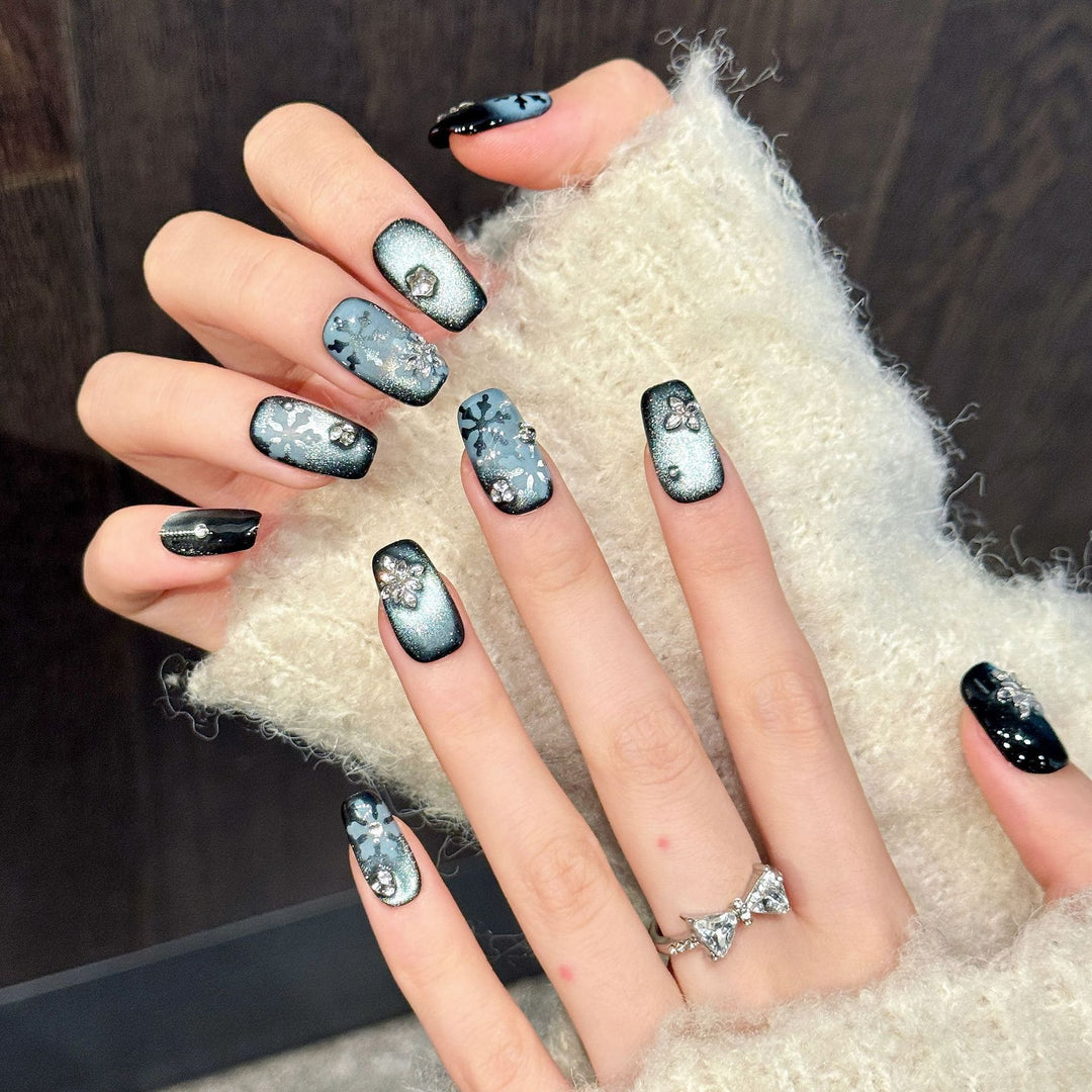 Artistic Press-On Nail Art Set with Gem Accents