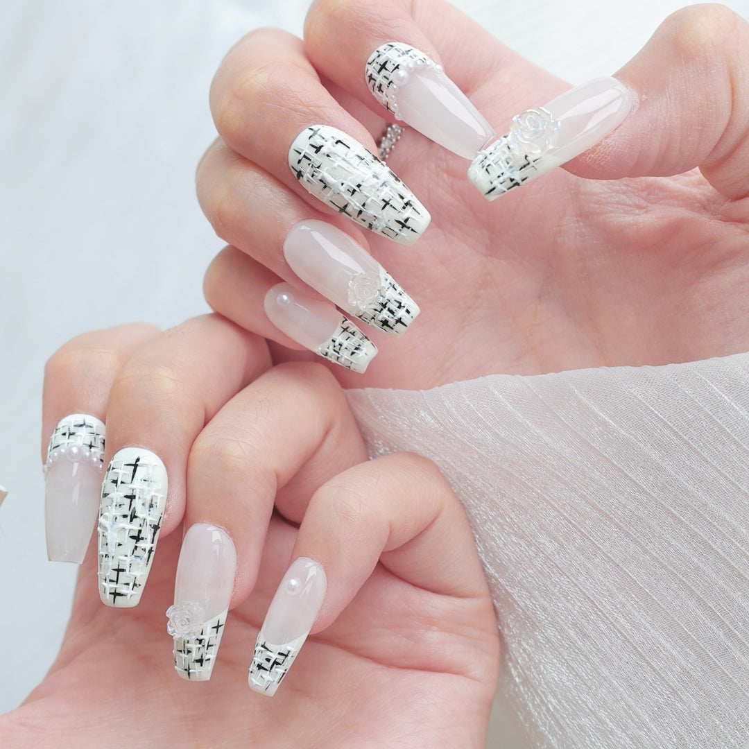 Artistic Press-On Nails Set with Floral Embellishments