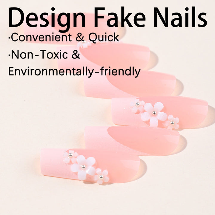 Artificial nail set with elegant French tips and hand-drawn flower motifs Kalsten