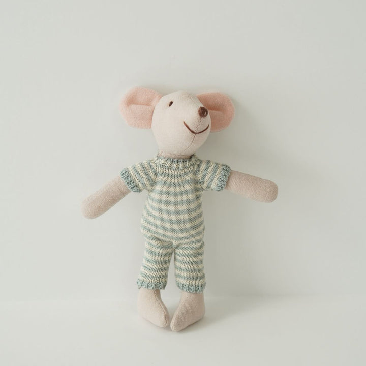 Handcrafted Mouse Plush Doll with Knitted Heart Sweater Pom-Pom Beanie and Gingham Trousers